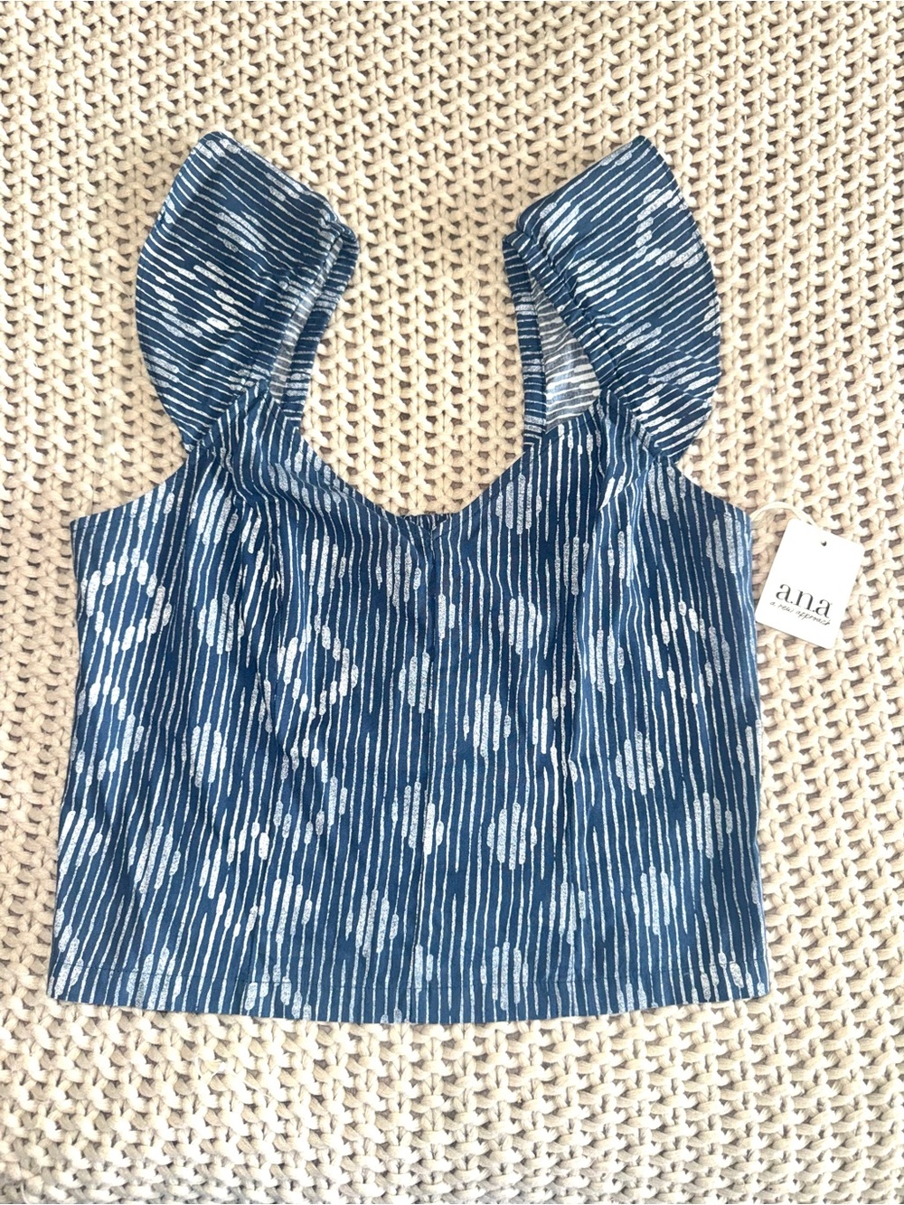 a.n.a Blue Patterned Ruffled Sleeve Crop Top size M